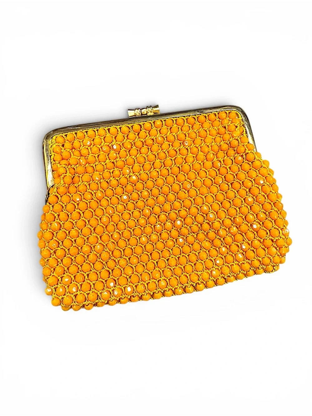 Vintage Orange Hand Beaded Clutch Coin Purse Gold Kiss Lock Evening Bag Retro
